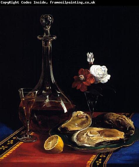 Adalbert John Volck still life by Adalbert John Volck, showing decanter of wine, oysters, small vase of flowers, slice of lemon